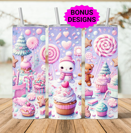 Cute Kawaii Christmas 20oz Skinny Tumbler Sublimation Templates, Bear Cats Sweet Cute Seamless Straight PNG Digital Download