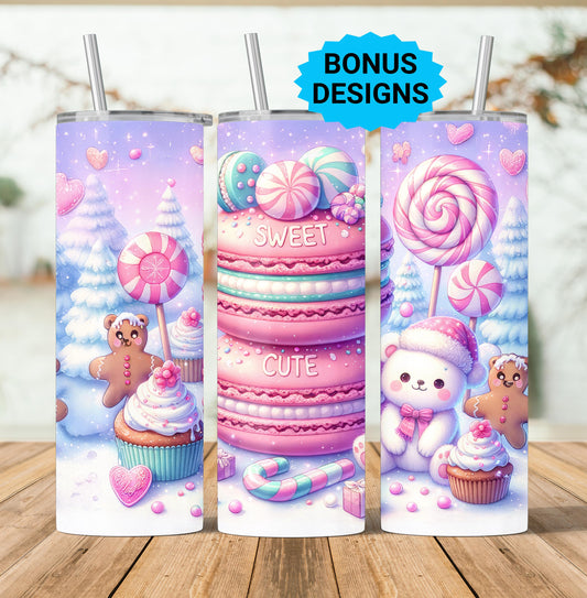 Cute Kawaii Christmas 20oz Skinny Tumbler Sublimation Templates, Bear Sweet Cute Gingerbread Seamless Straight PNG Digital Download