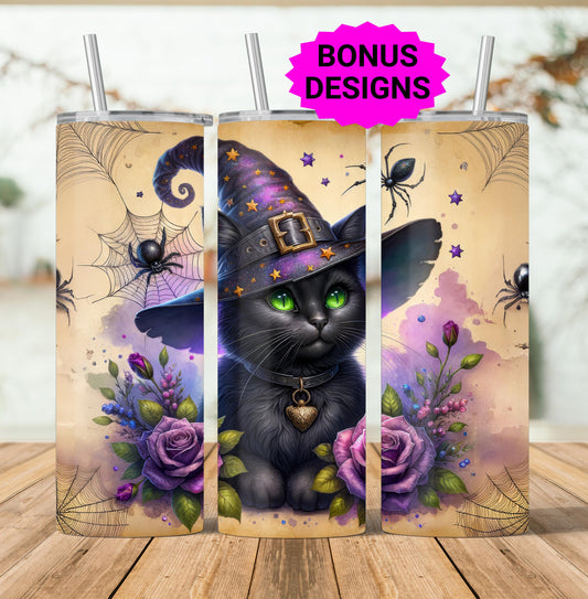 Cute Halloween Cat Purple Vintage 20 oz Skinny Tumbler PNG Sublimation Design, Seamless Tumbler Wrap, Digital Download