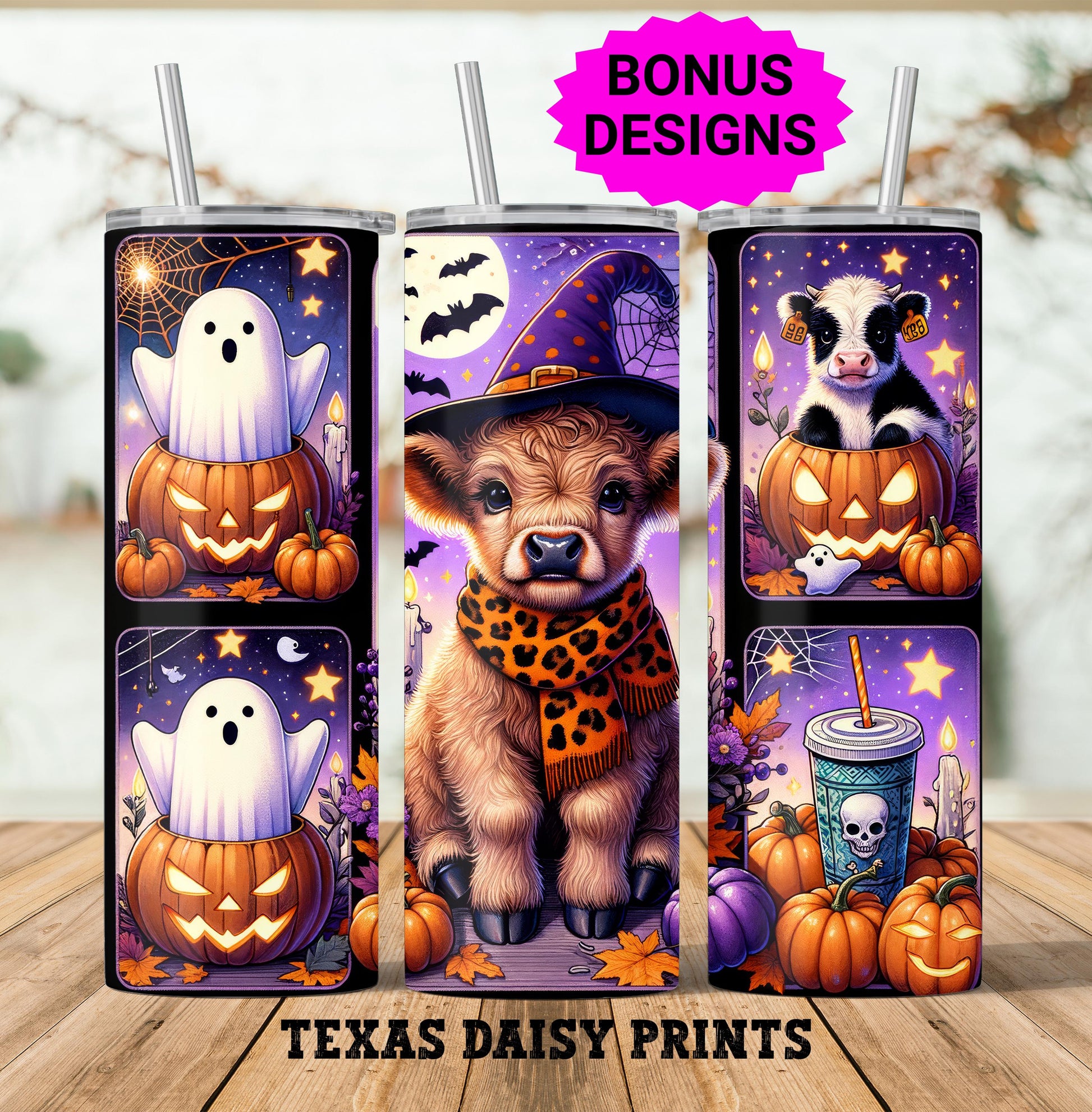 Halloween Highland Cow 20oz Skinny Tumbler , Seamless Witch Highland Cow Sublimation, 20 oz tumbler wrap PNG File
