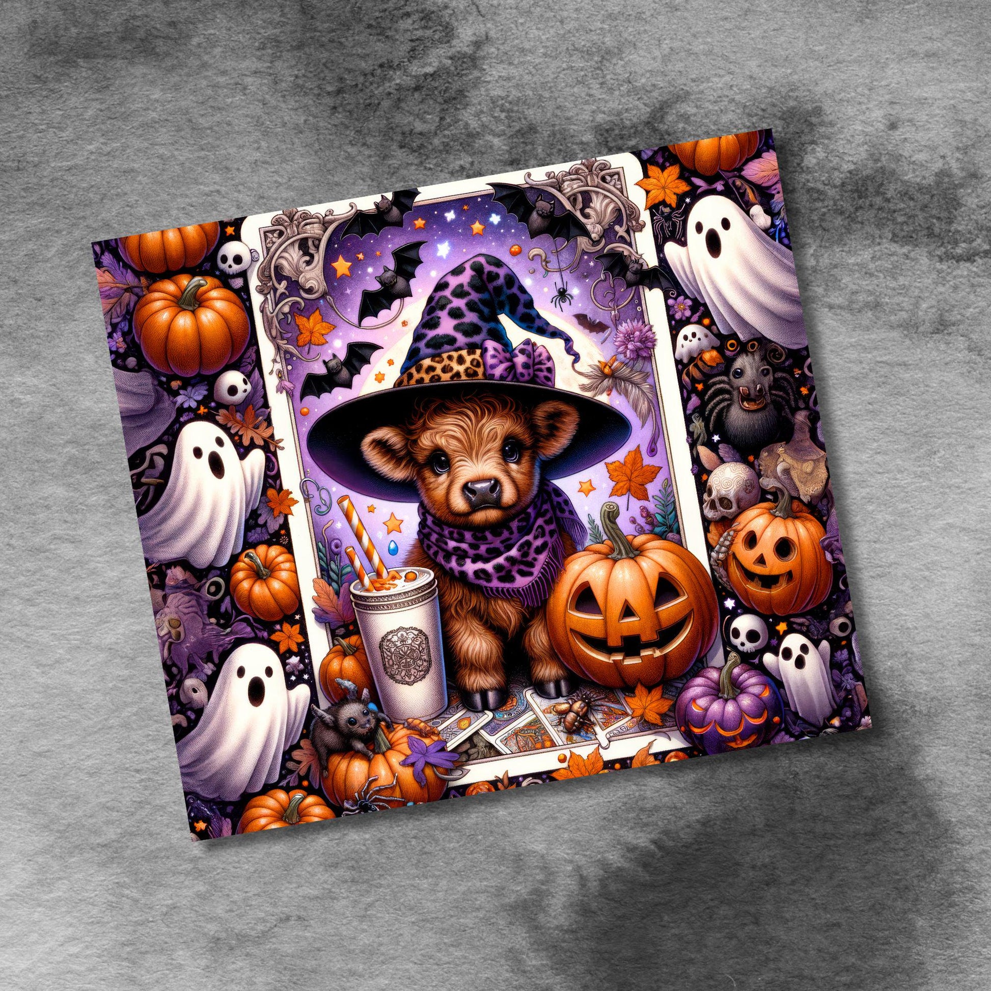 Halloween Highland Cow 20oz Skinny Tumbler , Seamless Witch Highland Cow Sublimation, 20 oz tumbler wrap PNG File