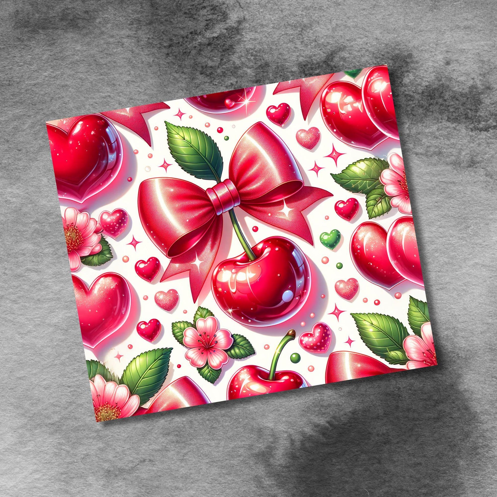 Cherry Bow Hearts 20oz Skinny Tumbler Wrap, Seamless Valentine Sublimation Design 20 oz skinny Tumbler Png
