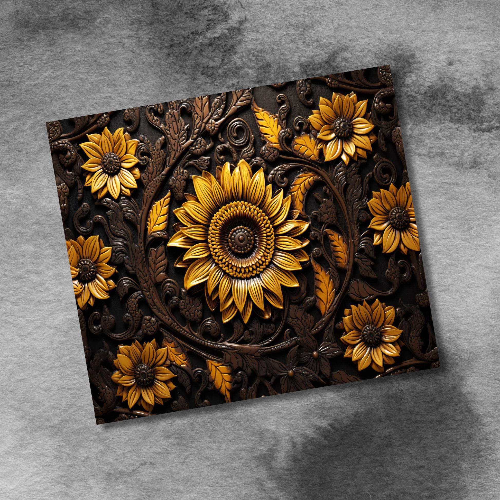 Rustic Sunflower Tooled Leather 20oz Skinny Tumbler, Seamless Sunflowers Country Western 20 oz Straight Skinny Tumbler Wrap PNG