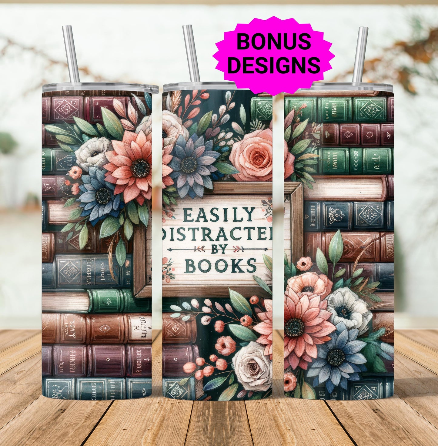 Book Lover 20oz Skinny Tumbler Seamless Reading Floral 20 oz digital PNG Straight Tumbler Wrap