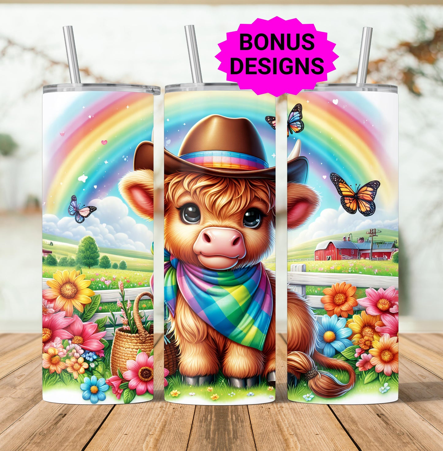 Cute Highland Cow Rainbow Flowers 20oz Tumbler Sublimation Design,Straight PNG Digital Download Baby Cow with Sunflower Sublimation