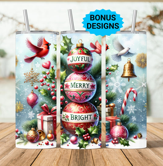 Christmas Ornament 20oz Skinny Tumbler Wrap Design PNG, Joyful Merry Bright Christmas Seamless 20oz Sublimation Wrap, Digital Download