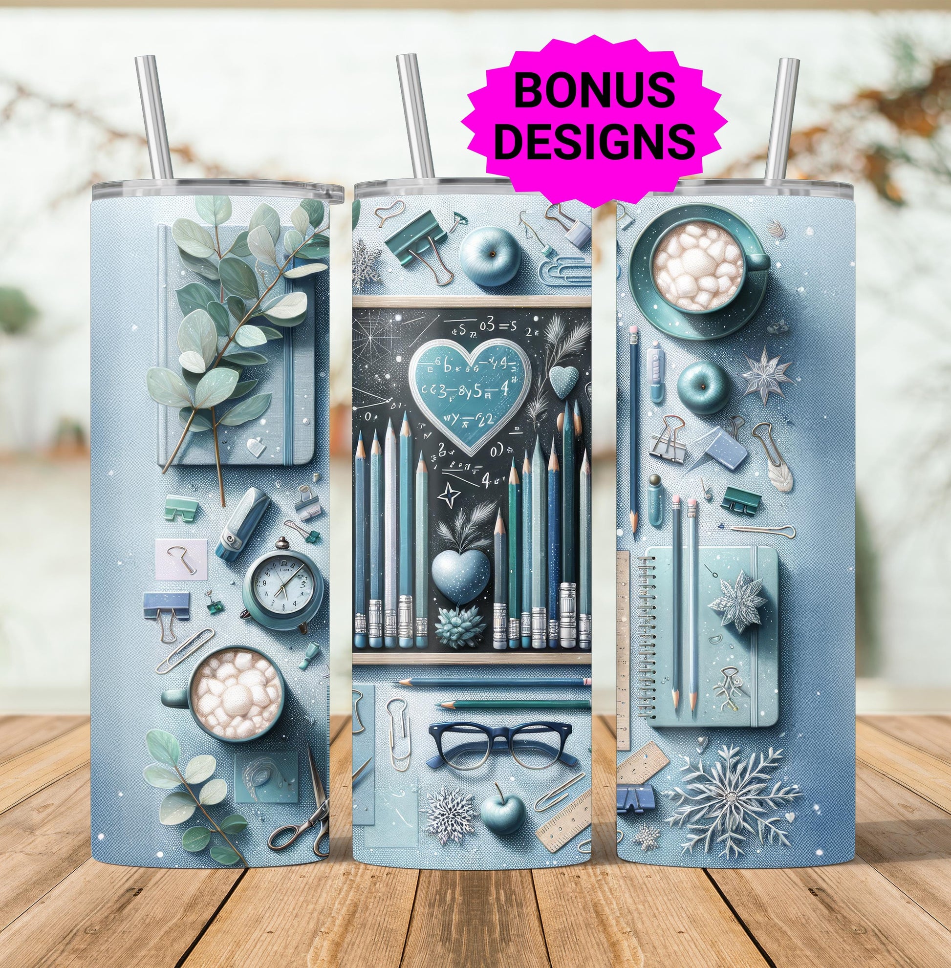 Cute Teacher Themed Tumbler Wrap, Cool Calm Winter Study Vibes Teacher 20oz Skinny Sublimation Design for and Educators Digital Download PNG