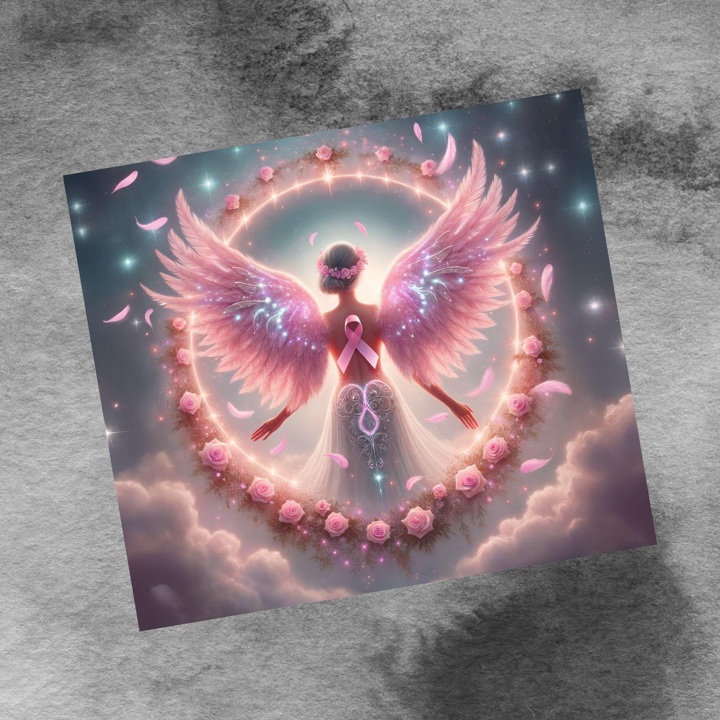 Pink Ribbon Awareness 20 oz Skinny Tumbler Wrap Breast Cancer Angel Seamless Sublimation Design Digital Download PNG