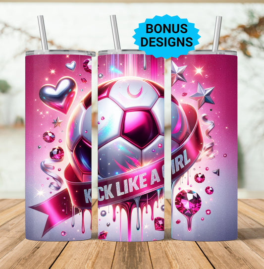 Coquette Bow Kick Like A Girl Soccer 20oz Tumbler Wrap , Girls Soccer Ball PNG File, 20 oz Tumbler Wrap Instant Digital Download PNG