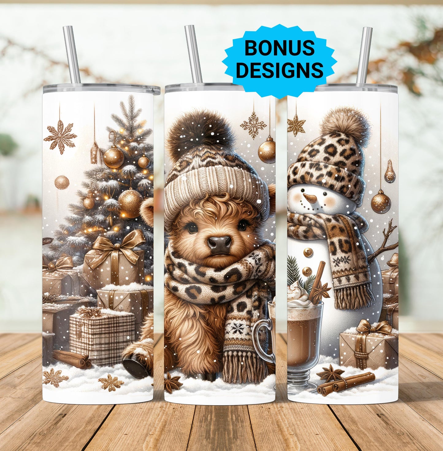 Cute Winter Christmas Highland Cow 20oz Tumbler Wrap, Christmas Trees Presents Png, Tumbler Png, 20oz Seamless Wrap, Digital Download