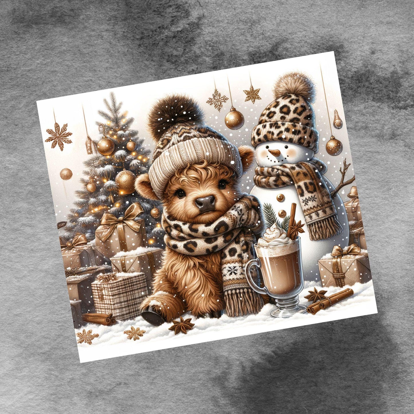 Cute Winter Christmas Highland Cow 20oz Tumbler Wrap, Christmas Trees Presents Png, Tumbler Png, 20oz Seamless Wrap, Digital Download