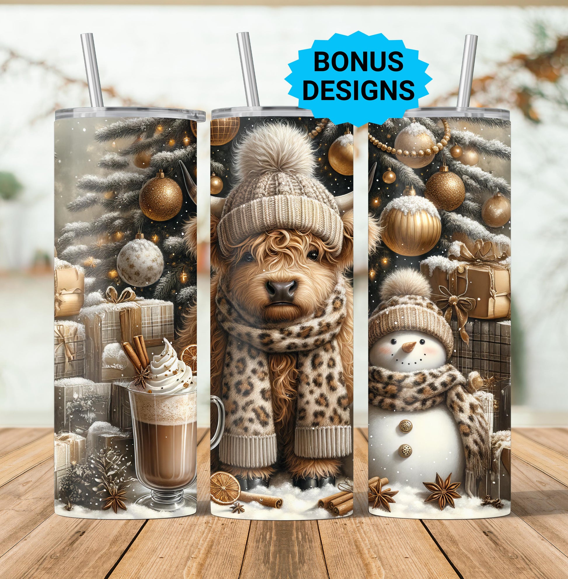 Cute Christmas Highland Cow 20oz Tumbler Wrap, Christmas Trees Presents Png, Christmas Tumbler Png, 20oz Seamless Wrap, Digital Download