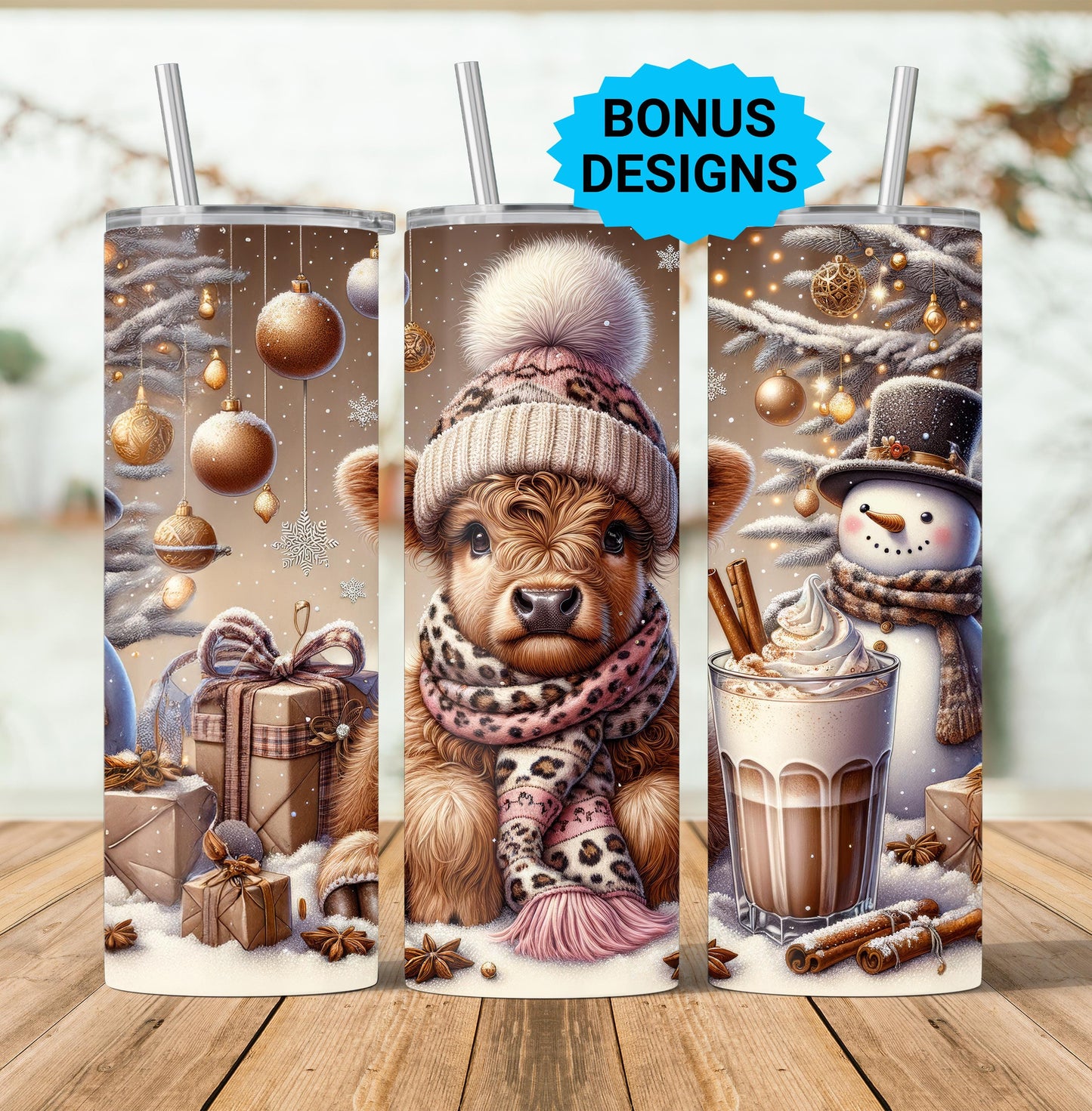 Cute Christmas Highland Cow 20oz Tumbler Wrap, Christmas Trees Presents Png, Christmas Tumbler Png, 20oz Seamless Wrap, Digital Download