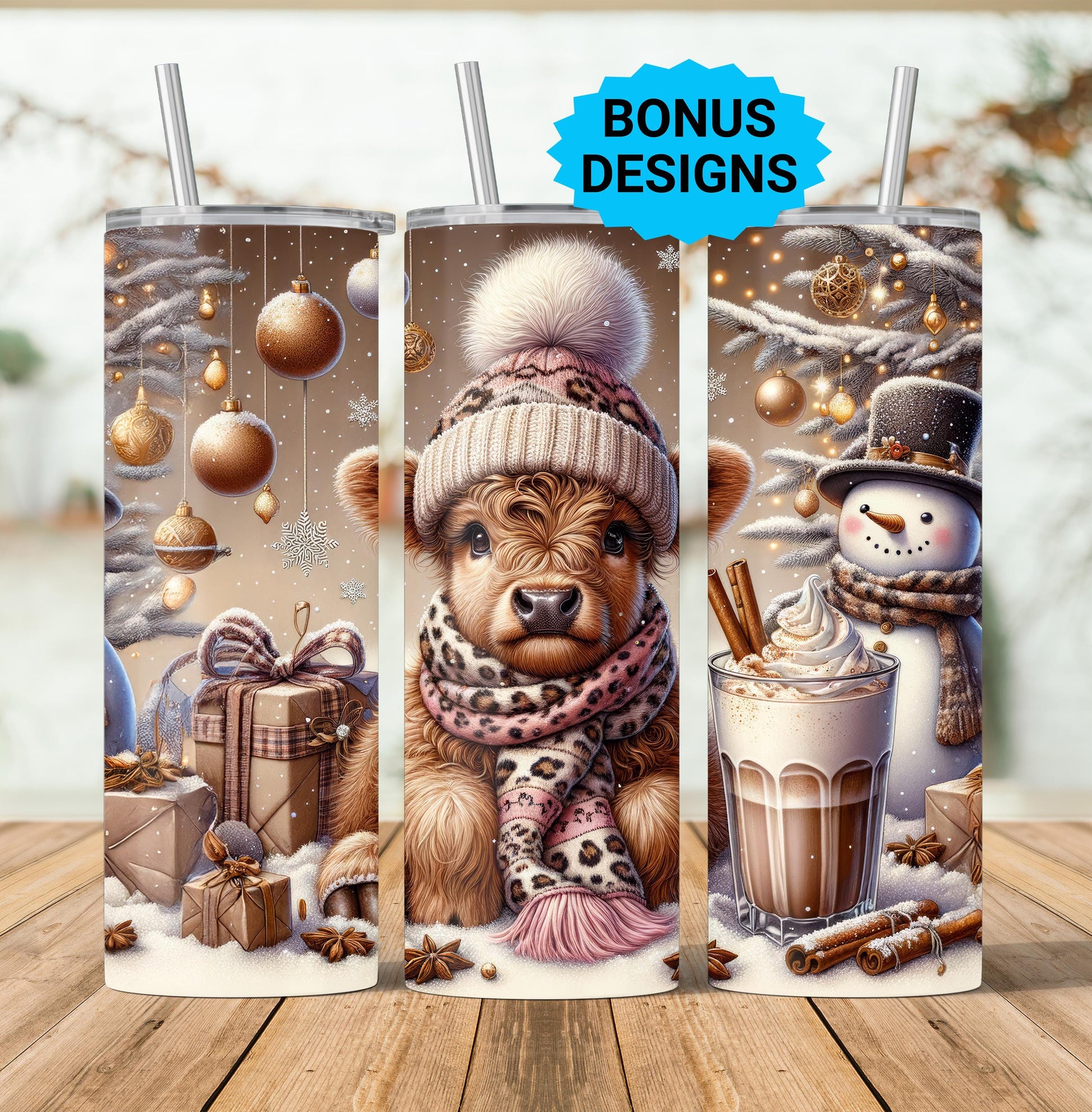 Cute Christmas Highland Cow 20oz Tumbler Wrap, Christmas Trees Presents Png, Christmas Tumbler Png, 20oz Seamless Wrap, Digital Download