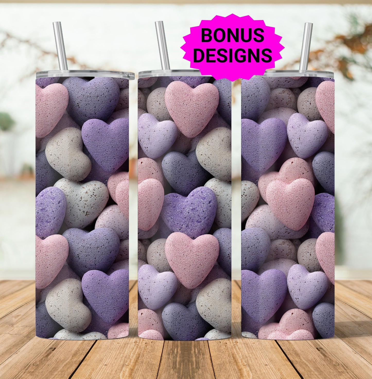 Valentines Hearts of Stone Pink Purple Colors 20oz Skinny Tumbler Seamless Sublimation Design Templates,Straight PNG Digital Download