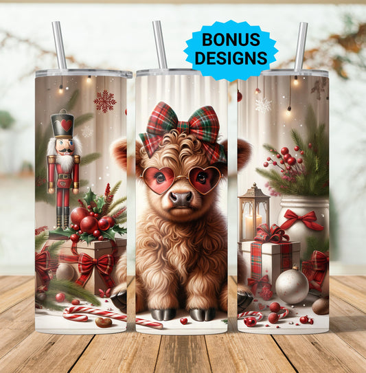 Baby Highland Cow Christmas Spirit - 20oz Tumbler Wrap , Christmas Trees, Tumbler Png, 20oz Skinny Seamless Wrap, Digital Download