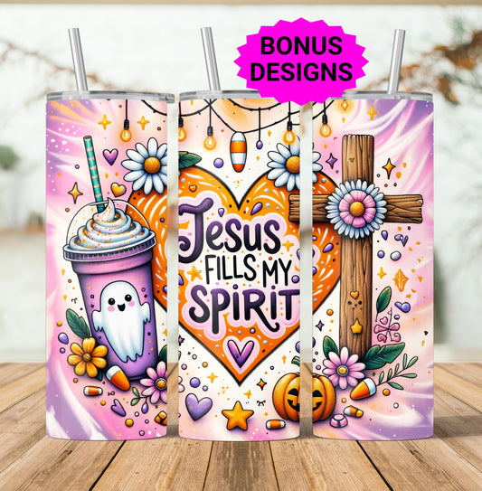 Jesus Fills My Spirit, 20oz Skinny Tumbler PNG, 20 oz Seamless Tumbler Halloween Ghost Sublimation Design, Seamless Wrap, Digital Download