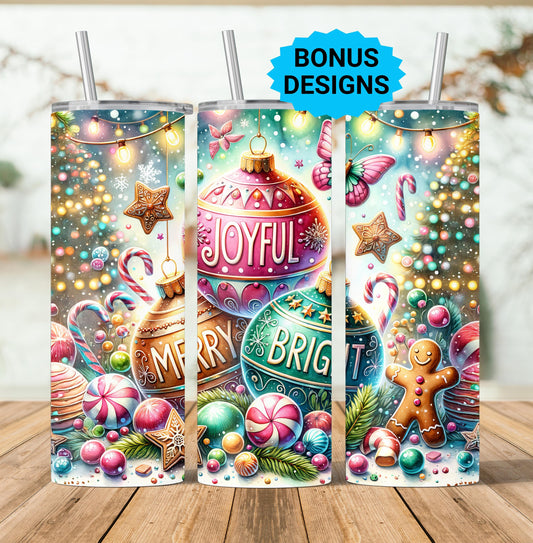 Christmas Ornaments Joyful Merry Bright 20oz Skinny Tumbler Wrap Design PNG, Holiday Seamless 20oz Sublimation Wrap, Digital Download