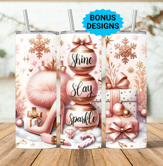 Christmas Glitter Ornaments 20oz Skinny Tumbler Wrap , Girly Shine Slay Sparkle Glitter Seamless 20oz Sublimation Wrap, Digital Download