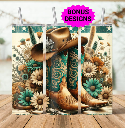 Western Cowboy Boots Cowgirl 20oz Skinny Tumbler, Seamless Sunflowers and Star Png, Western Summer Png, Howdy Summer Sublimation Design