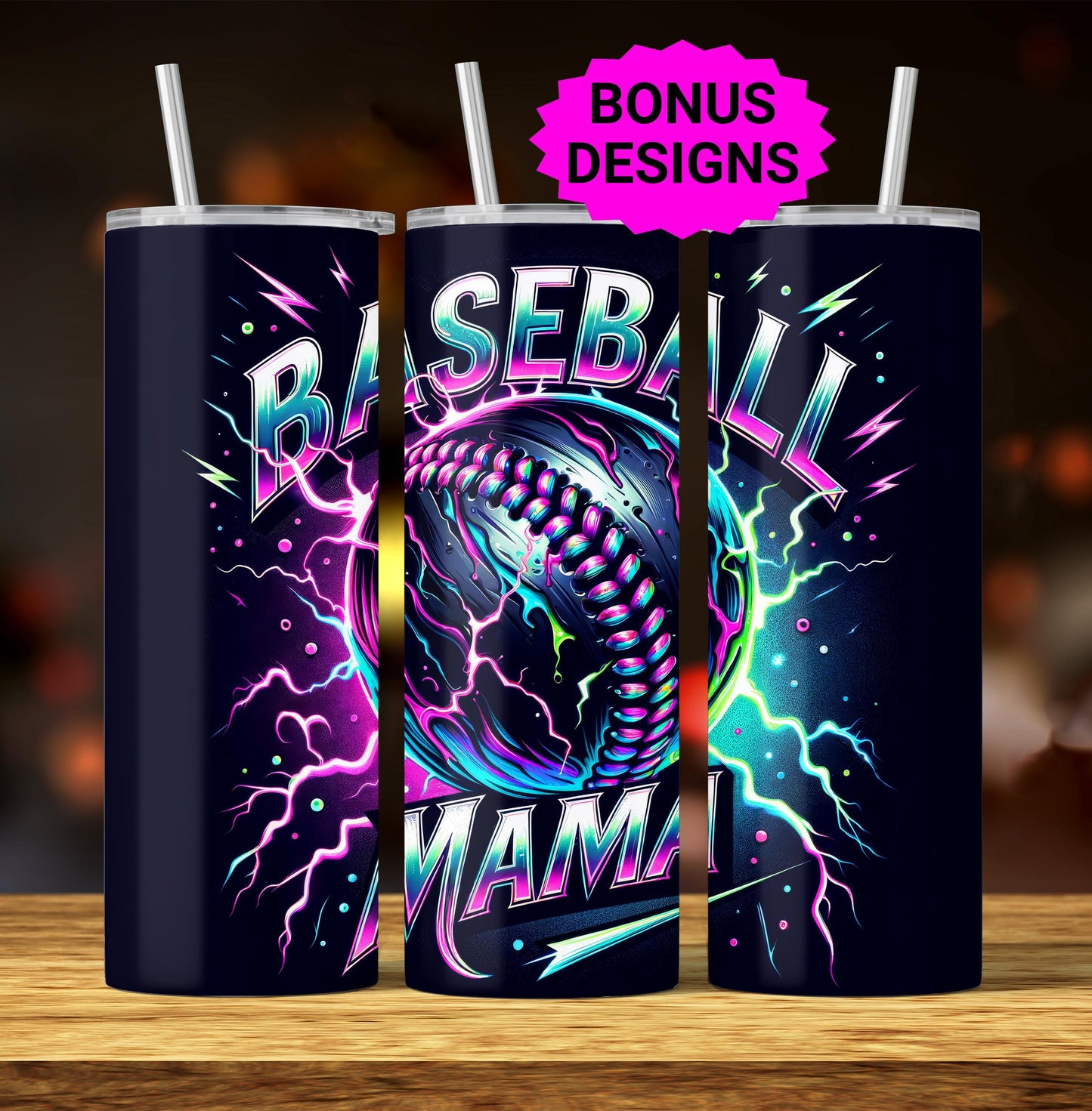 Baseball Mama 20oz Tumbler Wrap, Seamless Neon Lightning Baseball Mama PNG Sublimation Templates,Sports Mom Tumbler Wrap