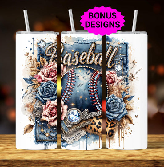 Denim Diamonds Glam Baseball 20oz Tumbler Wrap, Seamless, Floral Baseball PNG Sublimation Templates,Sports Tumbler Wrap