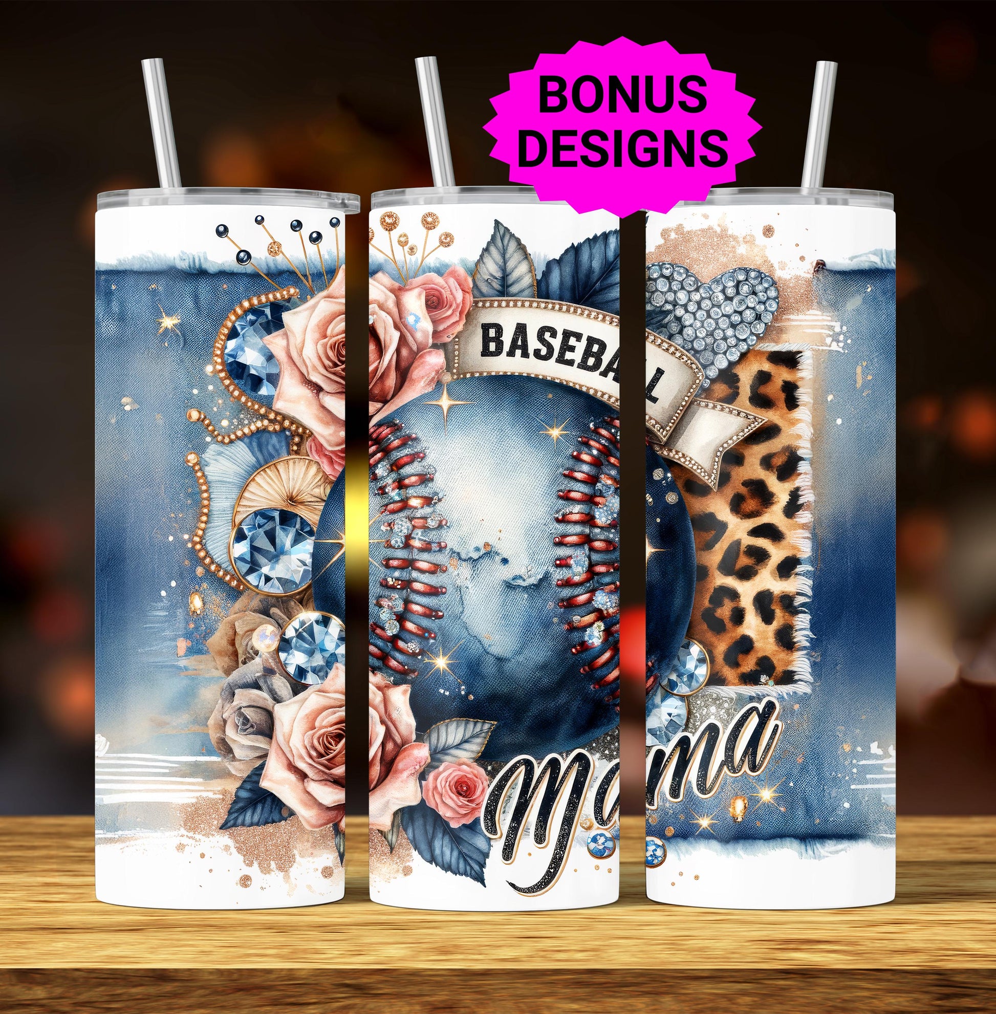 Baseball Mama Denim Diamonds Glam 20oz Tumbler Wrap, Seamless, Baseball Mon PNG Sublimation Templates,Sports Tumbler Wrap