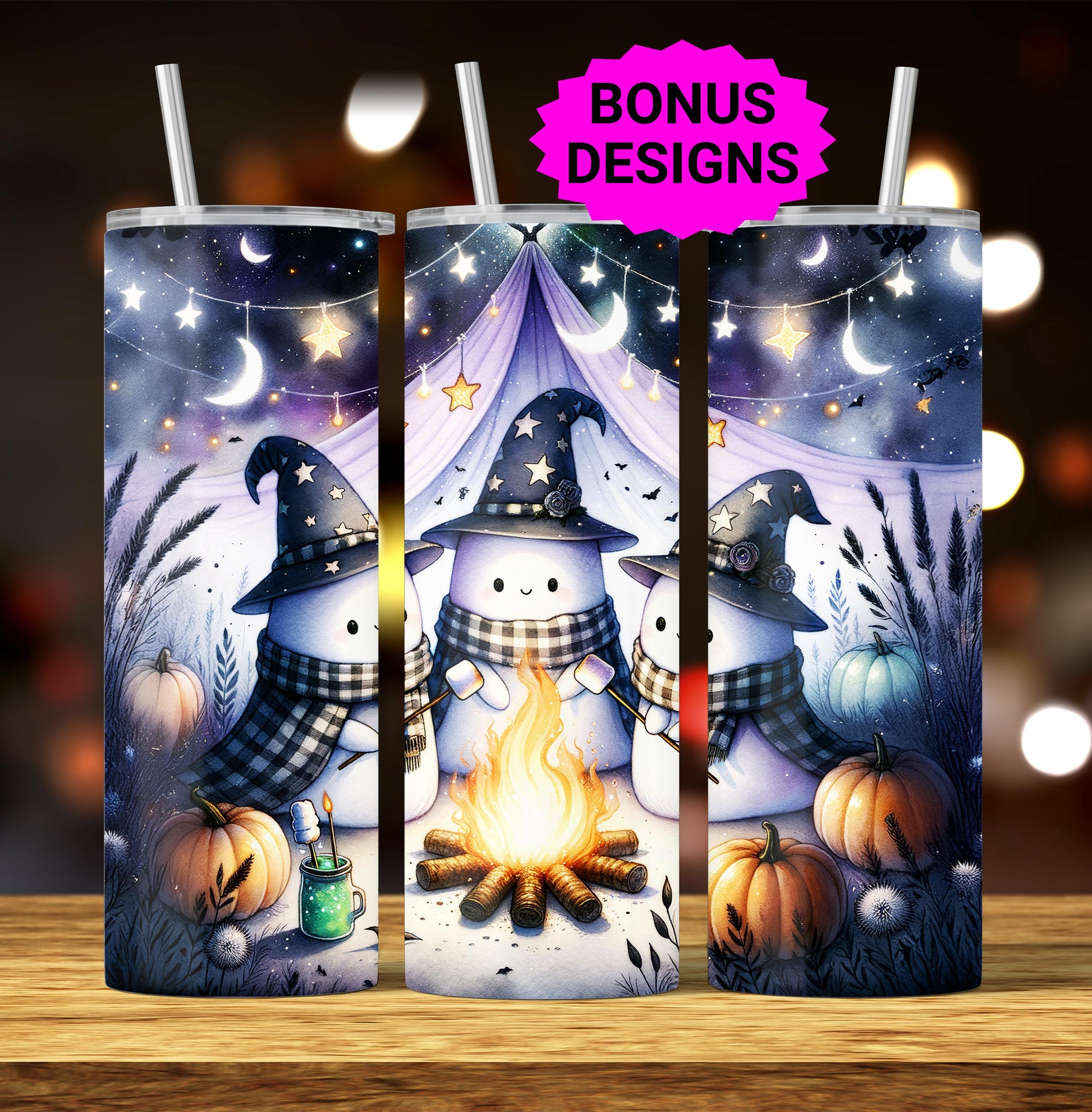 Spooky Ghosts Halloween Season, 20 oz Skinny Tumbler Sublimation Design, Halloween Campfire Tumbler Wrap, Digital Download