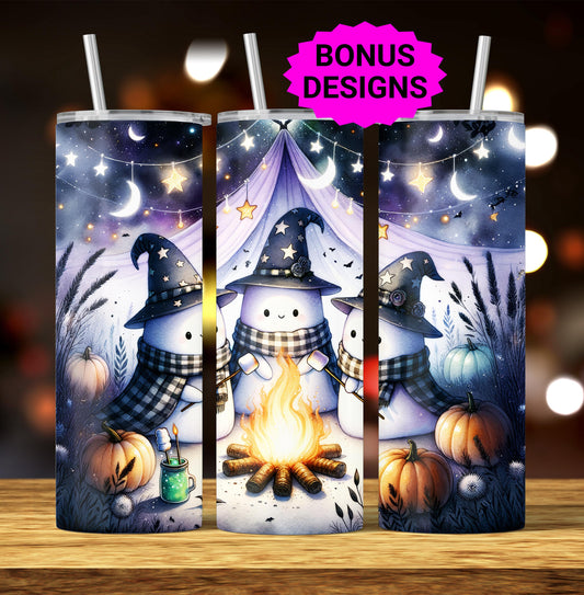 Spooky Ghosts Halloween Season, 20 oz Skinny Tumbler Sublimation Design, Halloween Campfire Tumbler Wrap, Digital Download
