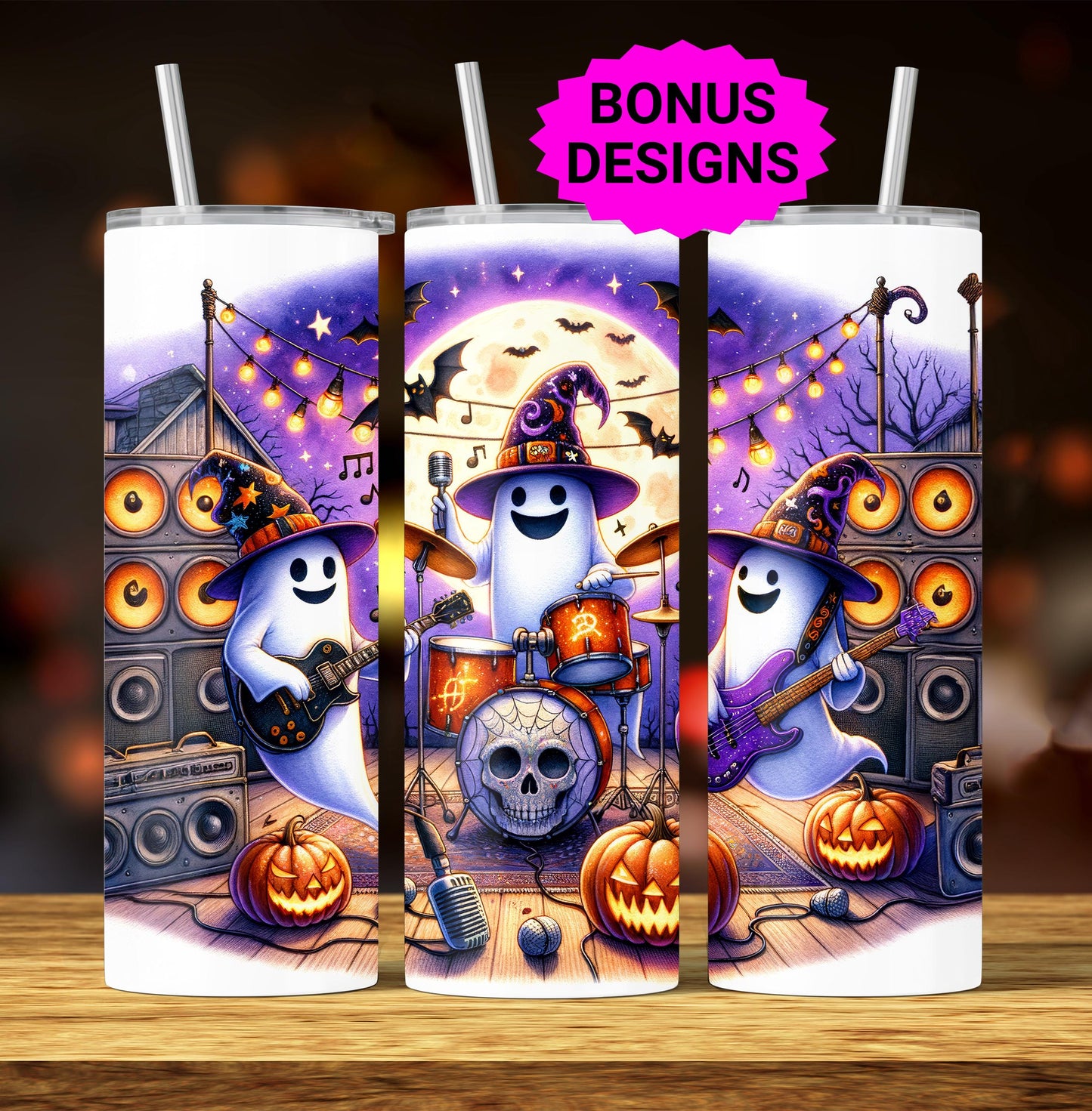 Ghostly Rock Star Band Halloween Tumbler Wrap, 20oz Skinny Tumbler Sublimation Design, Spooky Tumbler Wrap, Digital Download