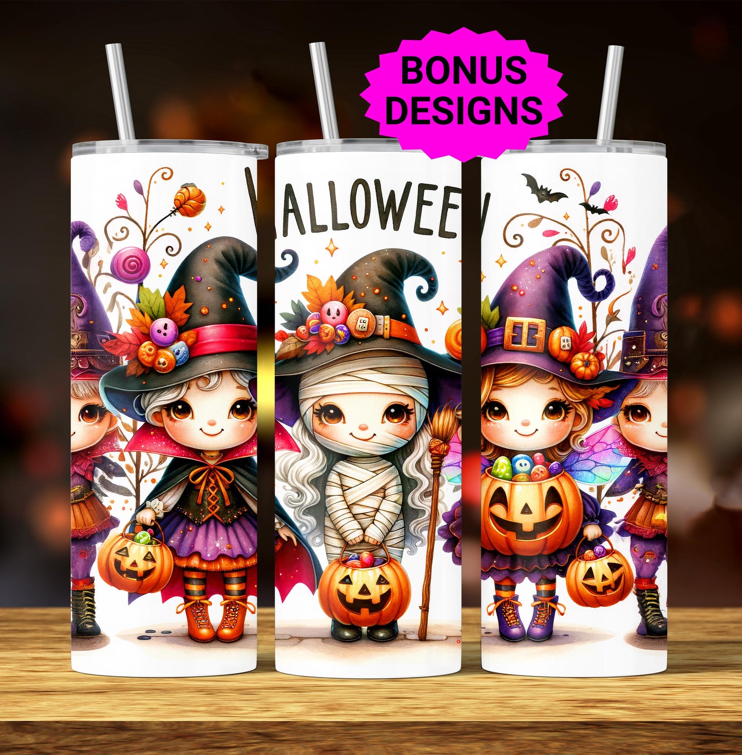 Trick or Treat Halloween Tumbler Wrap, 20oz Skinny Tumbler Sublimation Design, Spooky Witches Ghosts Tumbler Wrap, Digital Download