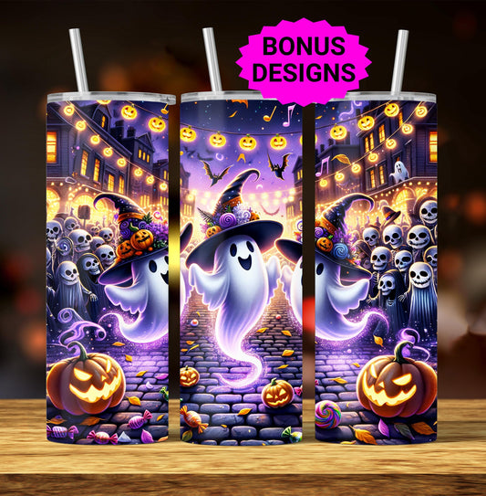 Ghostly Dance Halloween PartyTumbler Wrap, 20oz Skinny Tumbler Sublimation Design, Spooky Skeletons Tumbler Wrap, PNG Digital Download