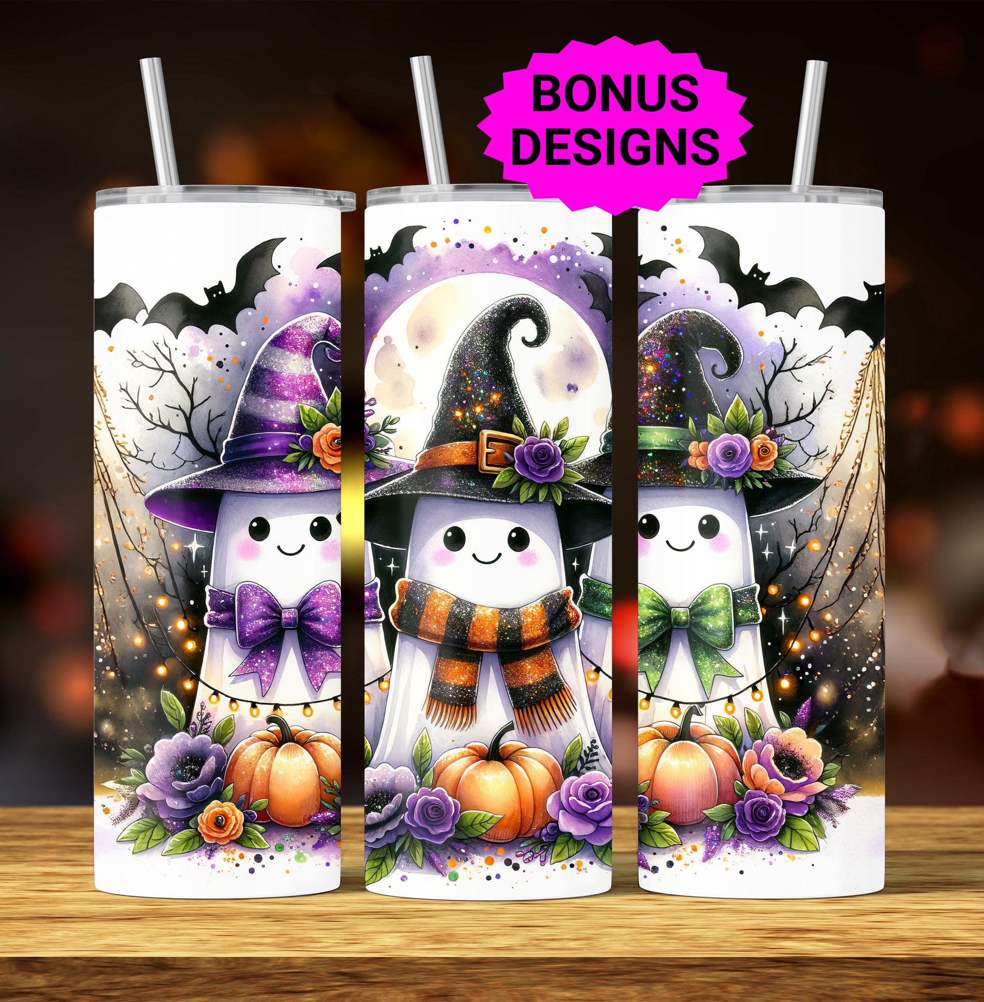 Spooky Ghosts Halloween Season, 20 oz Skinny Tumbler Sublimation Design, Halloween Bat Pumpkins Tumbler Wrap, Digital Download