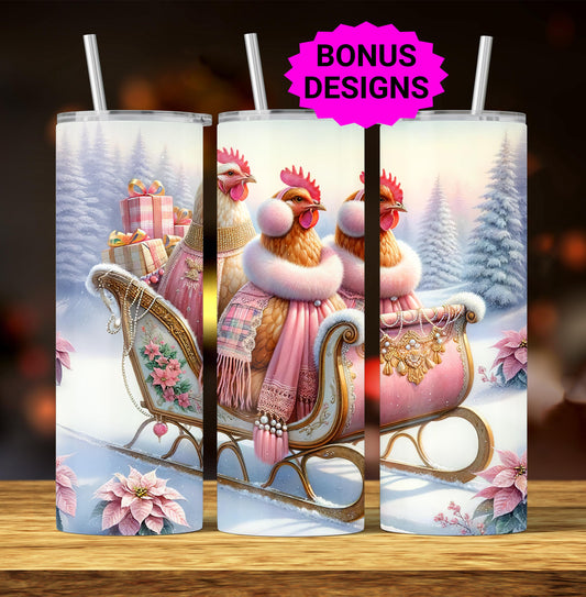 Cottagecore Chickens Sledding , 20oz Skinny Sublimation Tumbler Design, Vintage Sleigh Ride Christmas, Chicken Lover 20 oz Seamless Tumbler