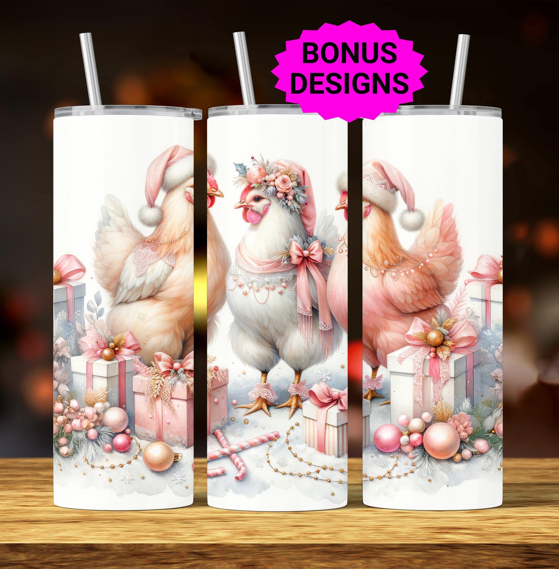 Christmas Coquette Chickens, 20oz Skinny Tumbler , Seamless Vintage Tea Party, Chicken Lover 20 oz Digital Download