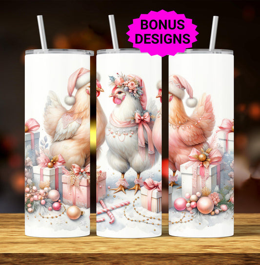 Christmas Coquette Chickens, 20oz Skinny Tumbler , Seamless Vintage Tea Party, Chicken Lover 20 oz Digital Download