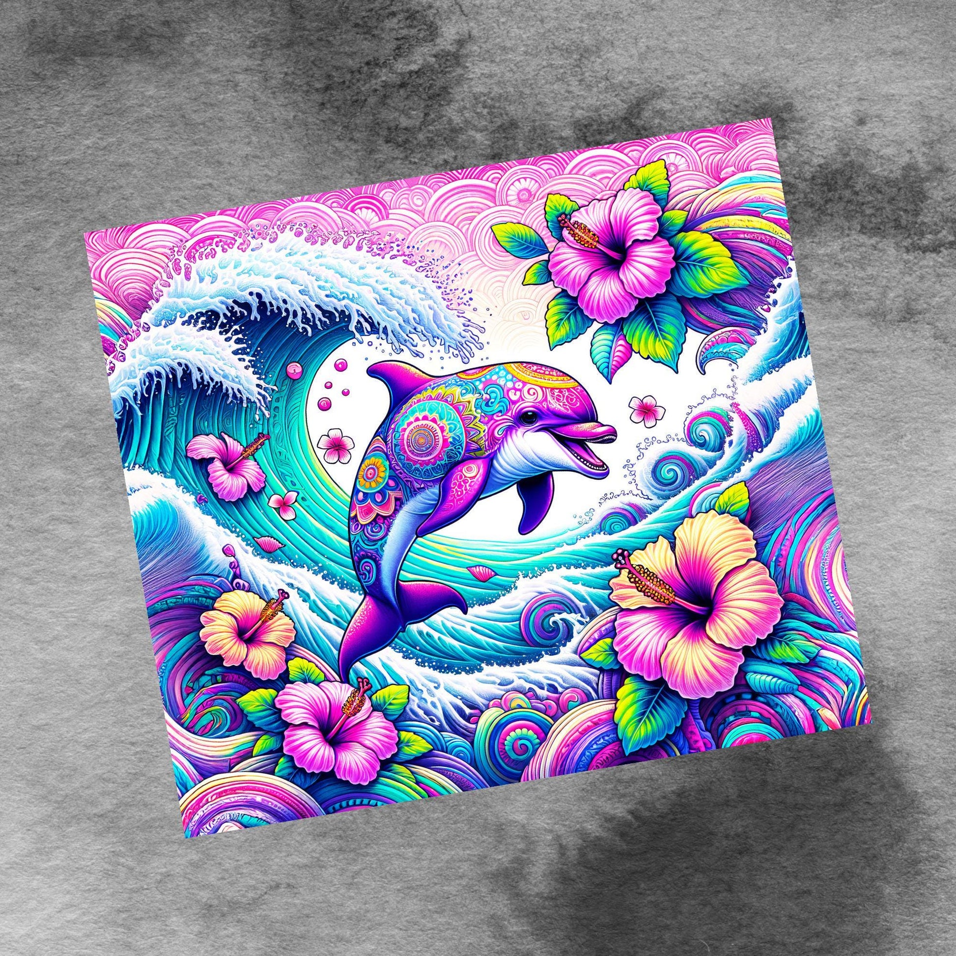 Dolphin Catching Ocean Waves Hibiscus Flowers 20oz Skinny Tumbler Designs, Seamless 20 oz Tumbler Wrap Template, PNG Digital Download