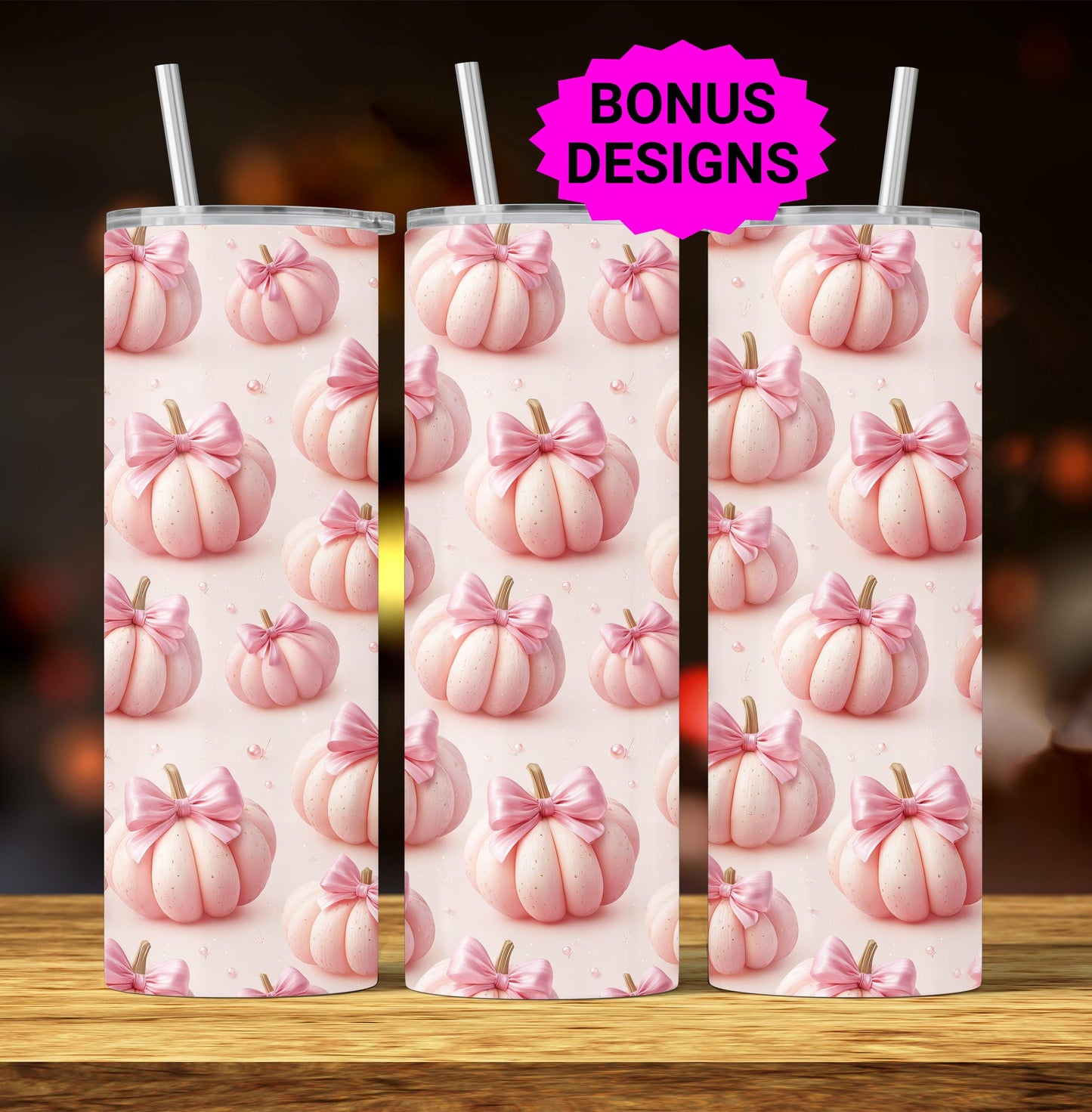 Coquette Pink Bows & Fall Pumpkins 20oz Skinny Tumbler Seamless Sublimation Design Templates, Tumbler Straight PNG Digital Download