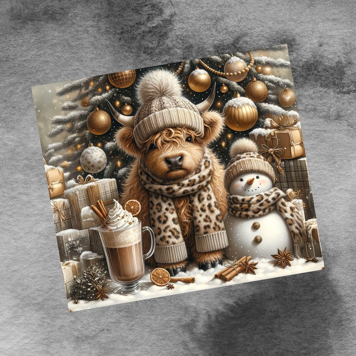 Cute Christmas Highland Cow 20oz Tumbler Wrap, Christmas Trees Presents Png, Christmas Tumbler Png, 20oz Seamless Wrap, Digital Download