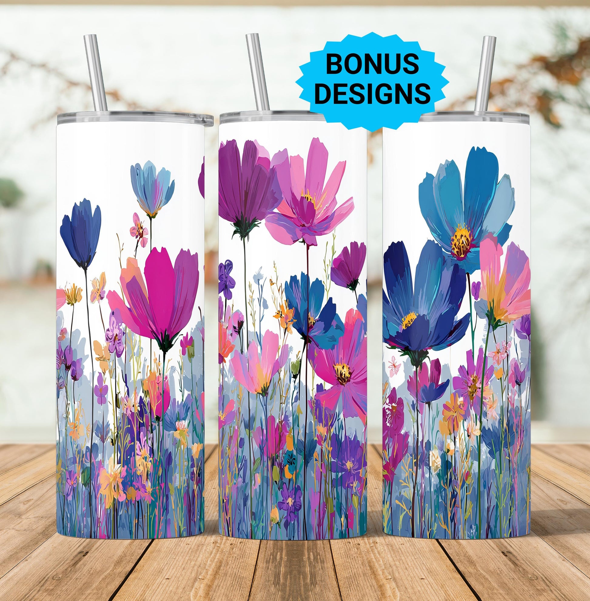 Spring Flowers Wildflowers 20oz Skinny Tumbler Seamless Sublimation Design Templates,Watercolor Flowers Straight PNG Digital Download