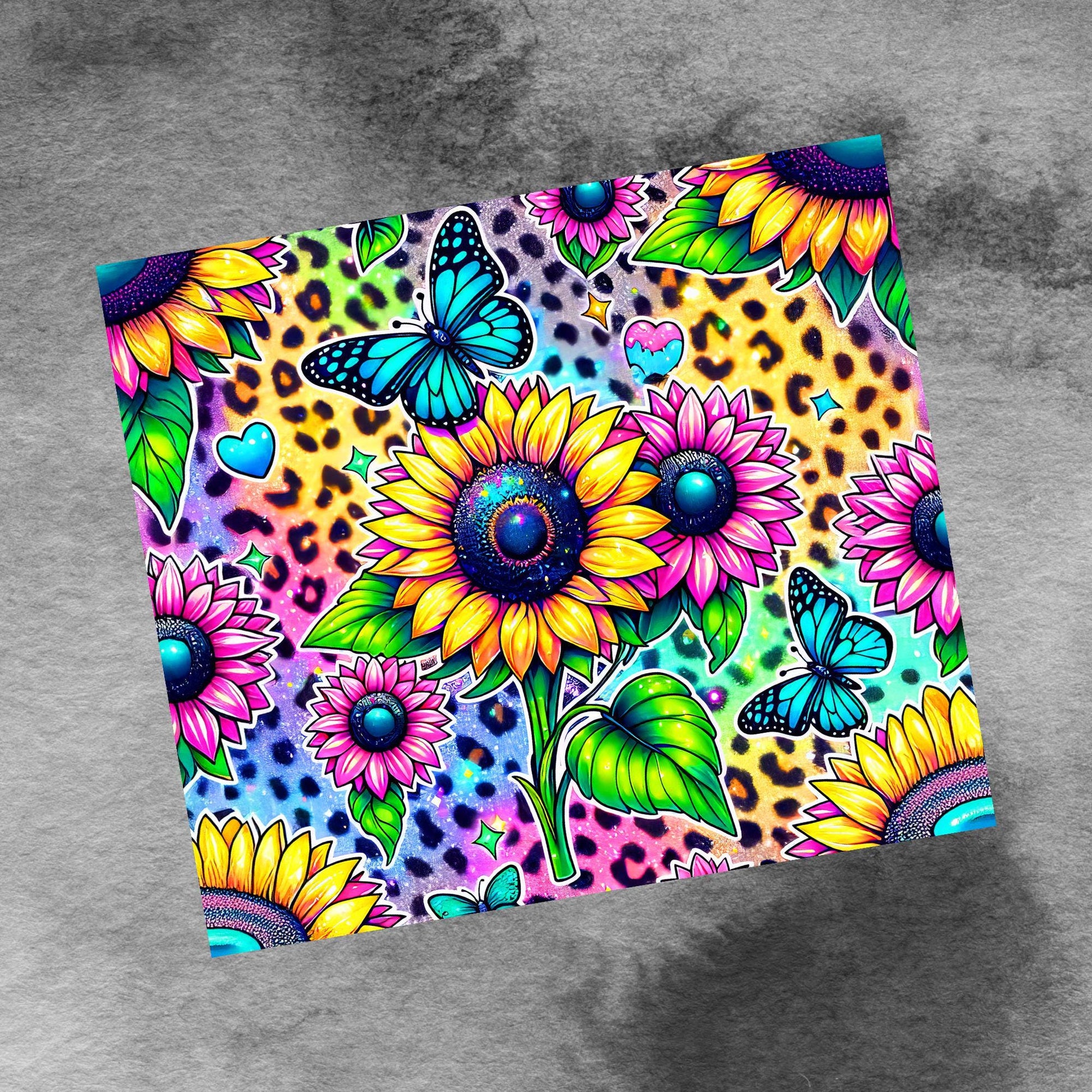 Sunflowers Butterflies with Leopard Print 20oz Skinny Tumbler Sublimation Design PNG, 20 oz Tumbler Wrap Instant Digital Download PNG