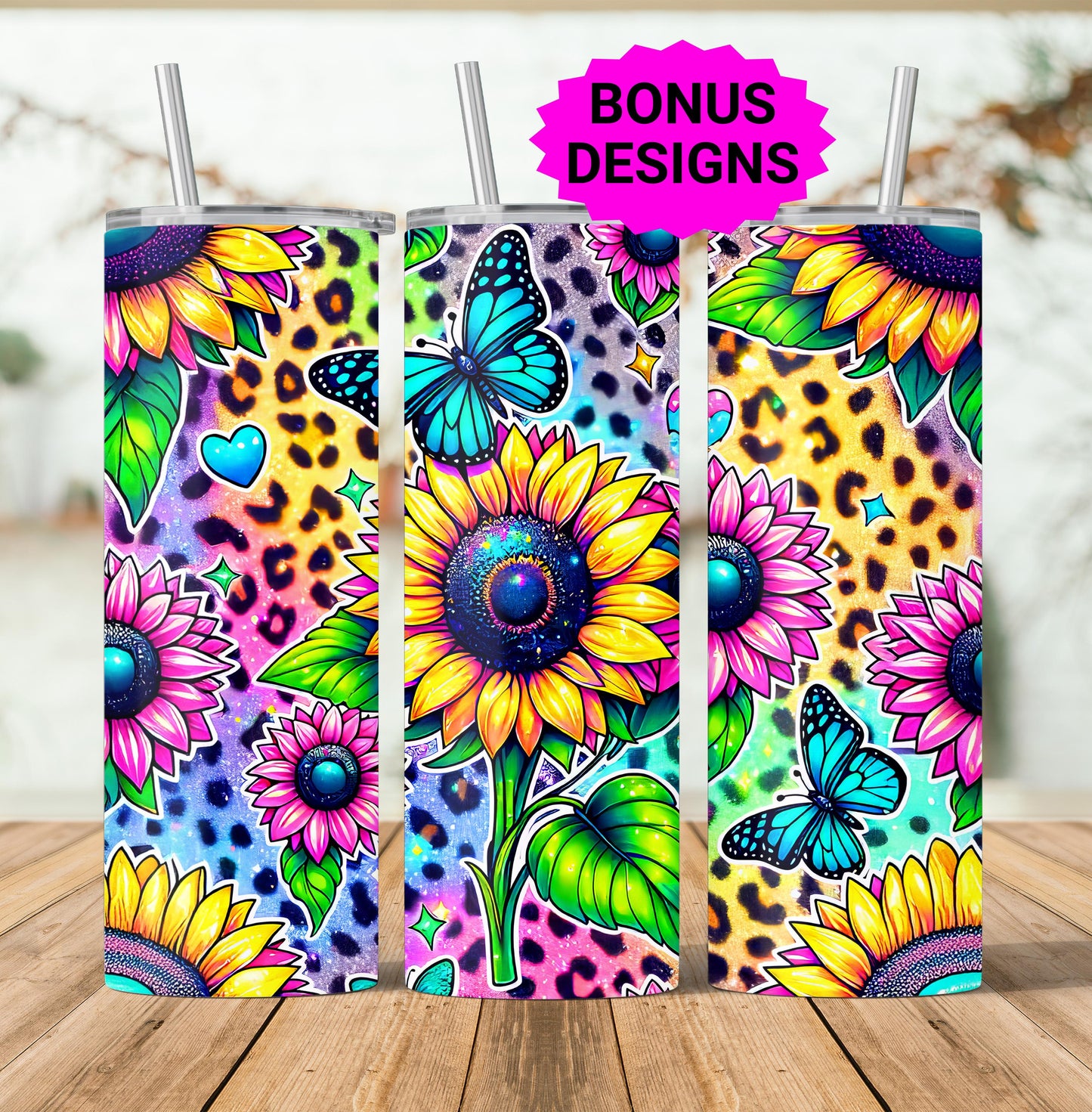 Sunflowers Butterflies with Leopard Print 20oz Skinny Tumbler Sublimation Design PNG, 20 oz Tumbler Wrap Instant Digital Download PNG