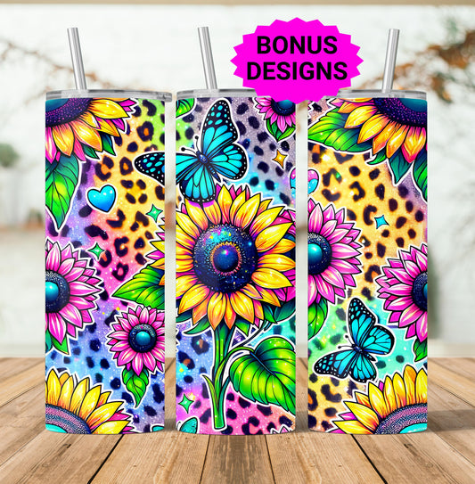 Sunflowers Butterflies with Leopard Print 20oz Skinny Tumbler Sublimation Design PNG, 20 oz Tumbler Wrap Instant Digital Download PNG