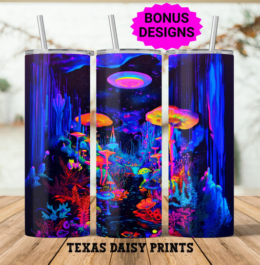 Vibrant Psychedelic Fantasy Neon Mushroom Forest 20oz Skinny Tumbler Seamless Sublimation Design Templates,Straight PNG Digital Download