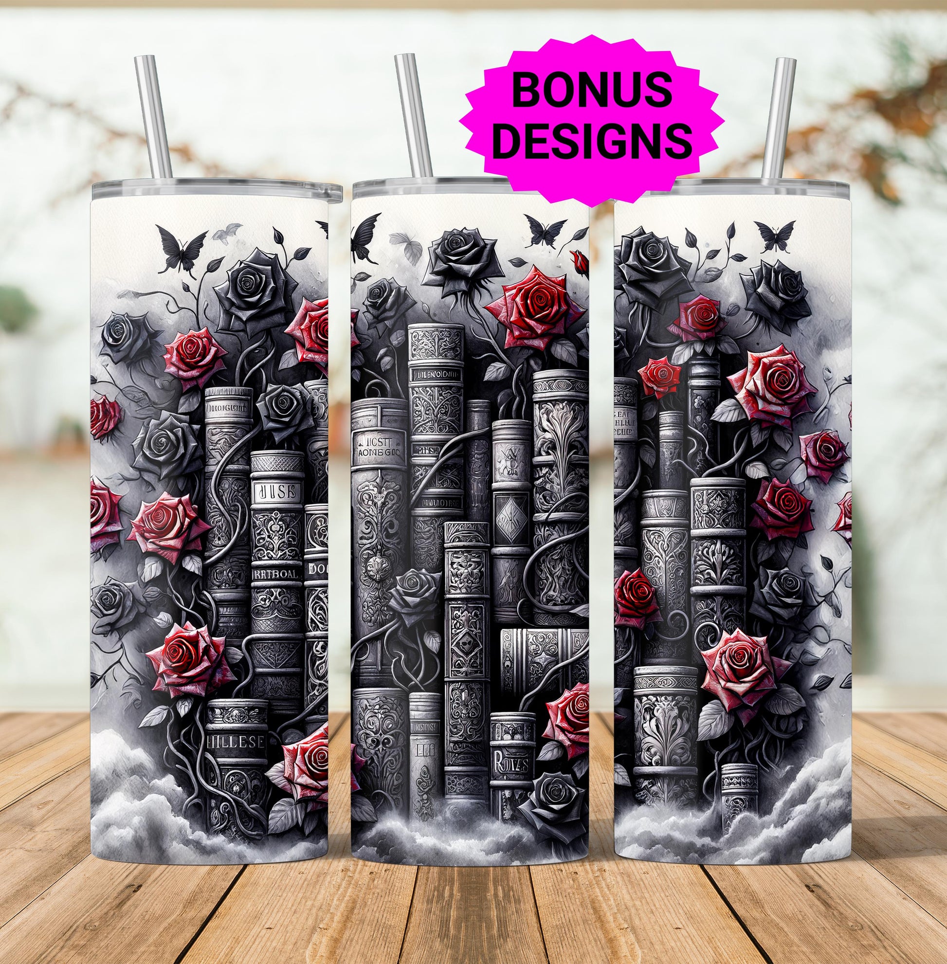 Romantasy Book Lover 20oz Skinny Tumbler Wrap PNG, Dark Romance 20 Oz Tumbler png, Gothic Fantasy Book Tumbler PNG Design Digital Download