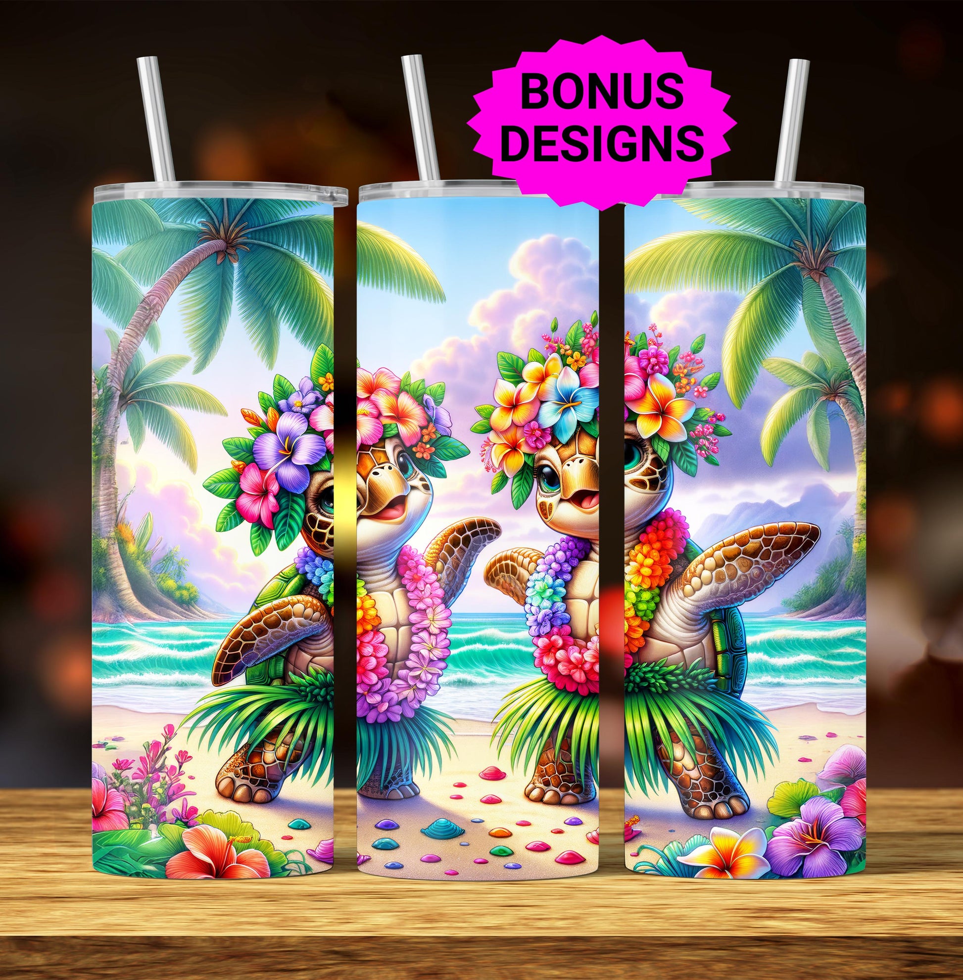 Baby Sea Turtles Hula Dancing 20oz Tumbler Designs 20oz Skinny Tumbler Sublimation Wrap Template, Tropical Seamless PNG Digital Download