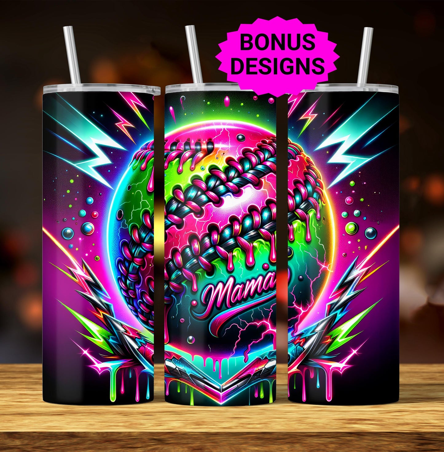 Baseball Mama 20oz Tumbler Wrap, Seamless Neon Lightning Baseball Mama PNG Sublimation Templates,Sports Mom Tumbler Wrap