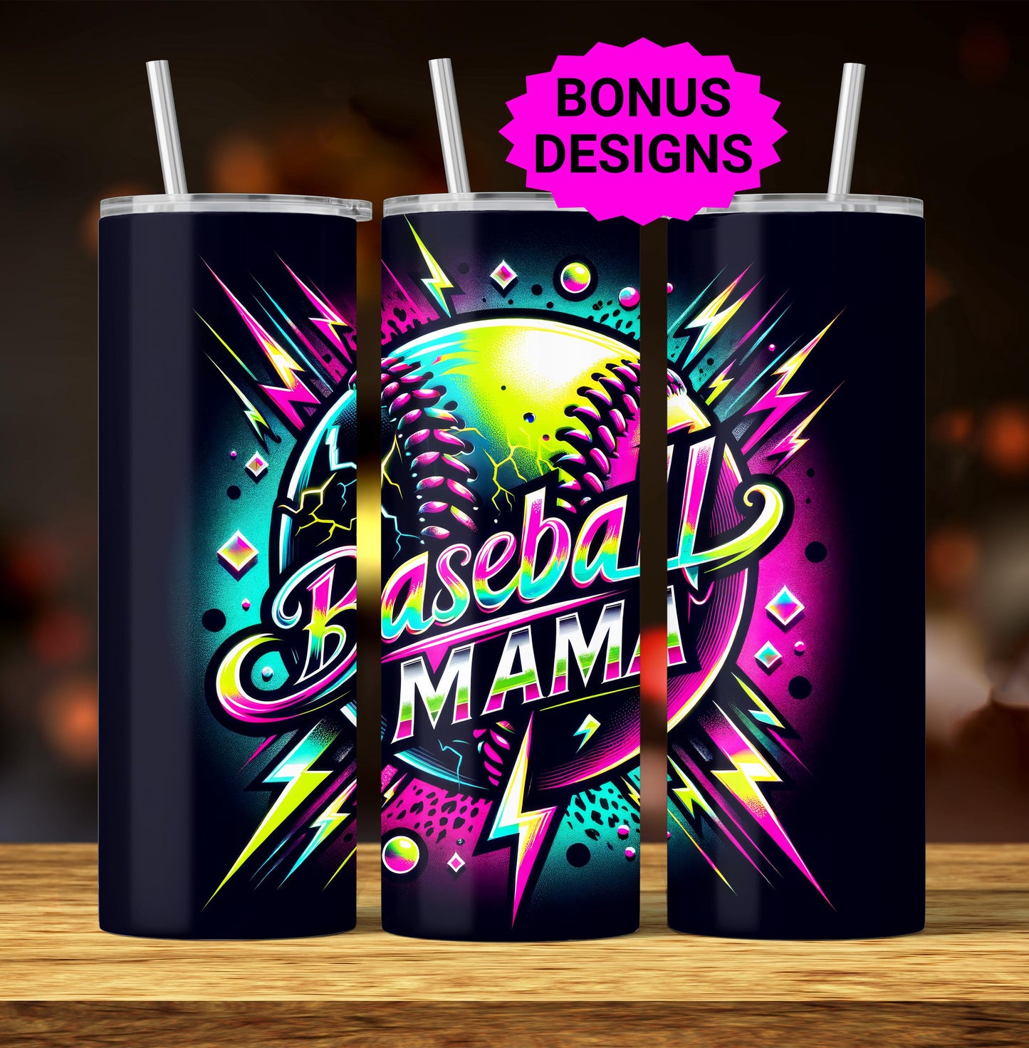 Baseball Mama 20oz Tumbler Wrap, Seamless Neon Lightning Baseball Mama PNG Sublimation Templates,Sports Mom Tumbler Wrap