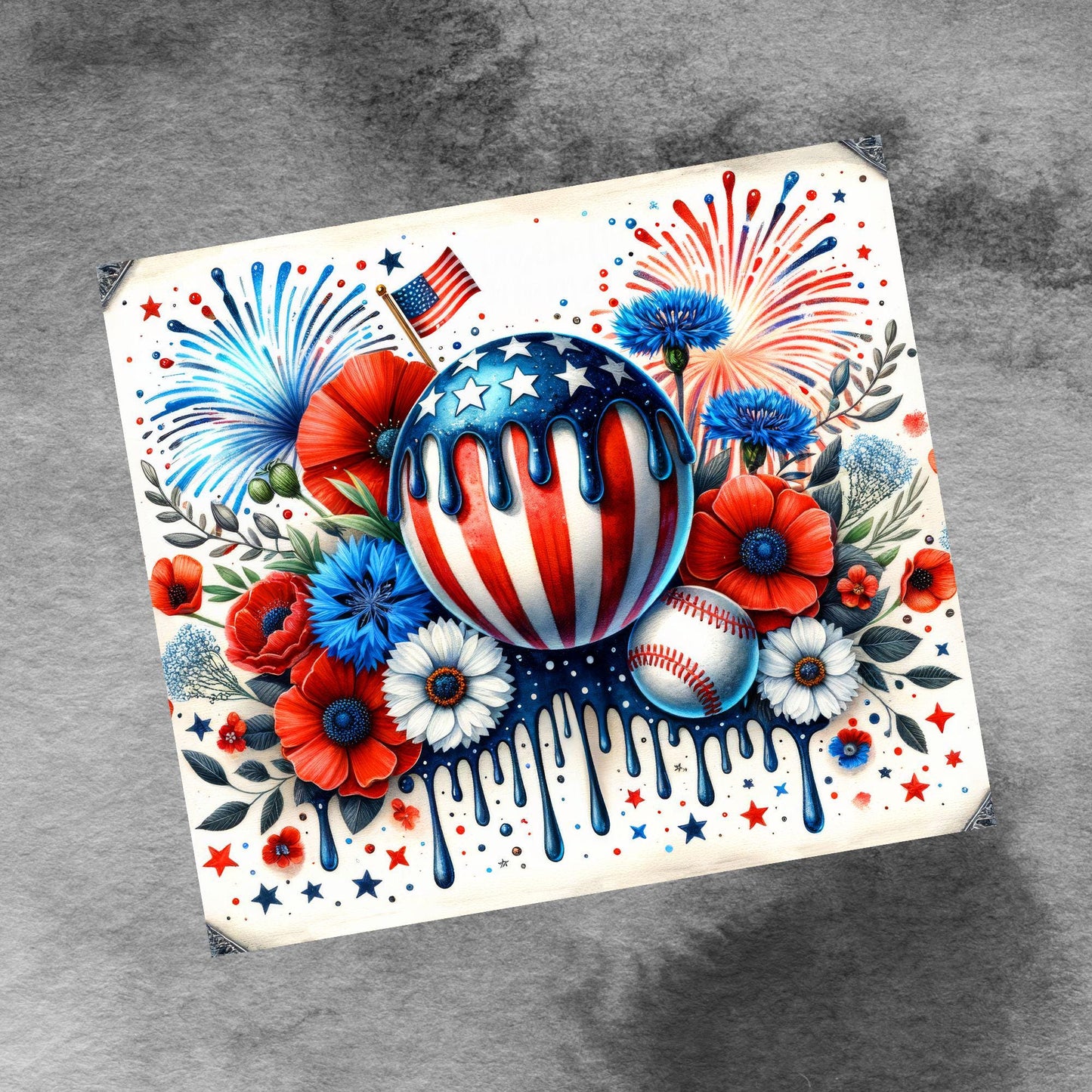 Patriotic Baseball, Fireworks and Flowers 20oz Skinny Tumbler Wrap, Seamless PNG Sublimation Templates, Sports Tumbler Wrap