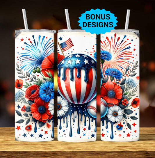 Patriotic Baseball, Fireworks and Flowers 20oz Skinny Tumbler Wrap, Seamless PNG Sublimation Templates, Sports Tumbler Wrap